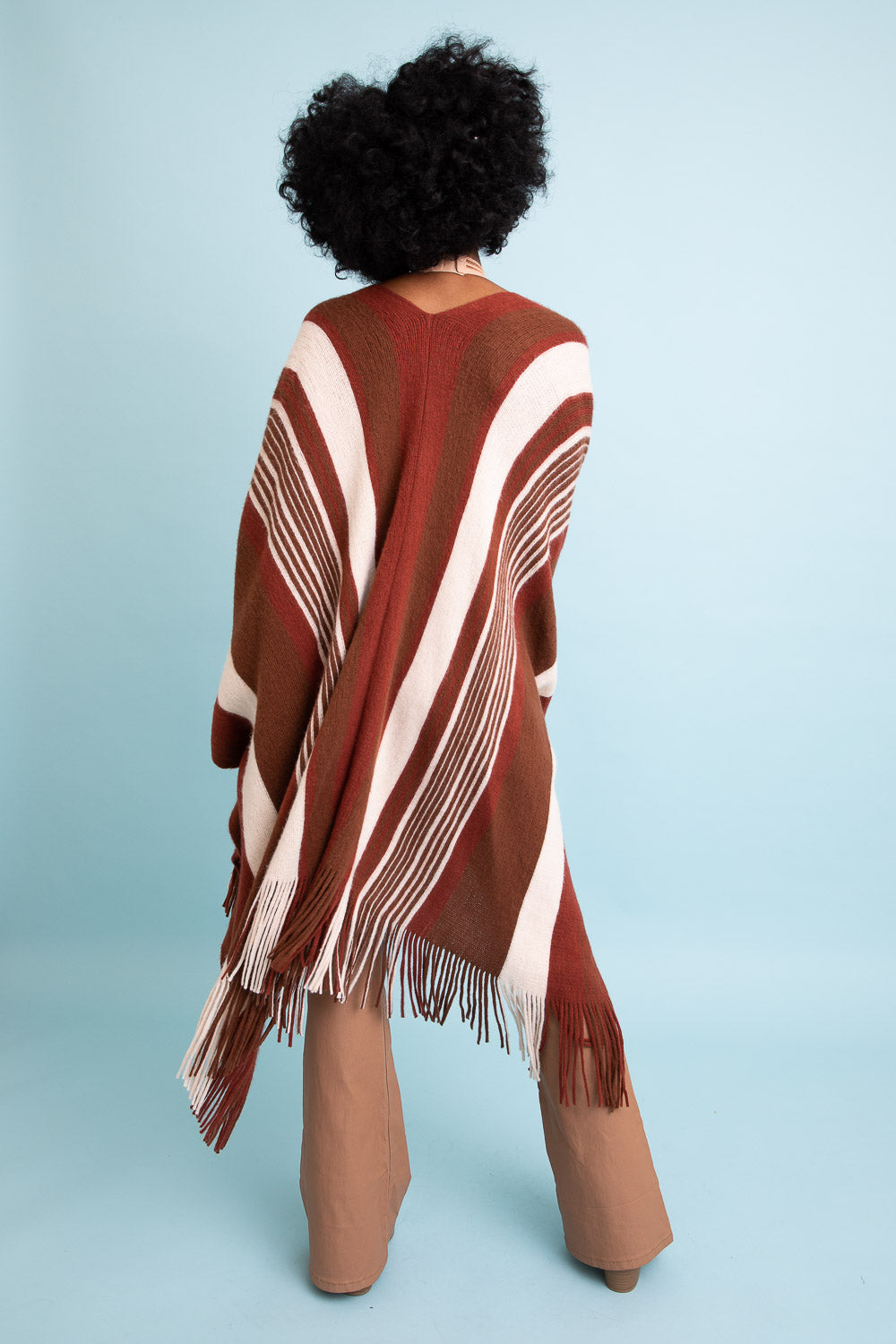 Boho Striped Frayed Edge Ruana Ponchos One Size / Rust