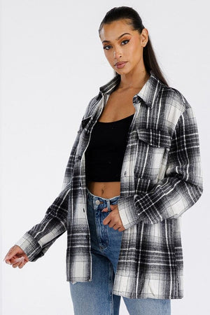 Boyfriend Oversized Soft Flannel Shacket WEIV BLACK WHITE S 