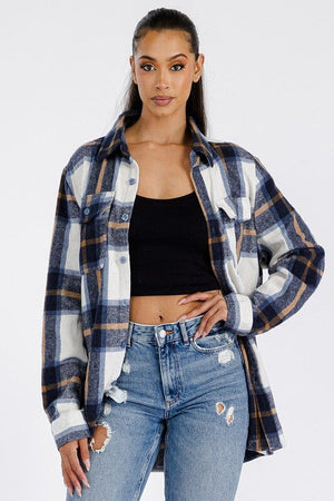 Boyfriend Oversized Soft Flannel Shacket WEIV BLUE GOLD S 