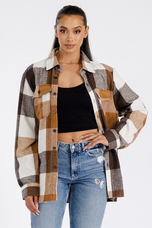 Boyfriend Oversized Soft Flannel Shacket WEIV CAMEL WHITE S 