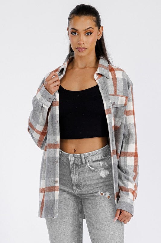 Boyfriend Oversized Soft Flannel Shacket WEIV GREY RUST S 