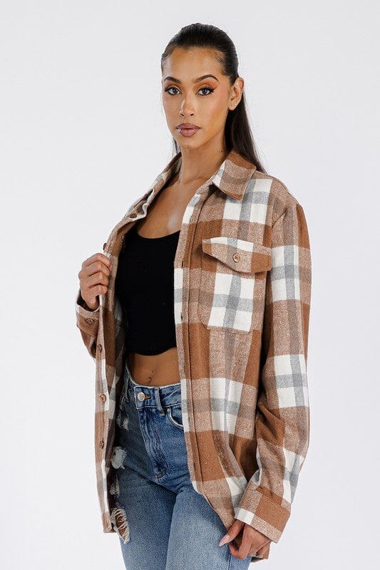 Boyfriend Oversized Soft Flannel Shacket WEIV GREY RUST S 