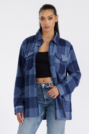 Boyfriend Oversized Soft Flannel Shacket WEIV NAVY BLUE S 
