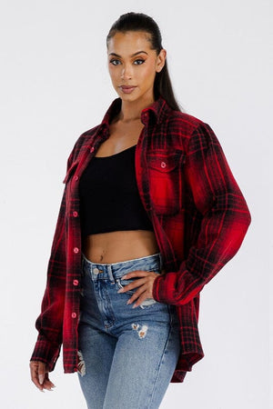 Boyfriend Oversized Soft Flannel Shacket WEIV RED BLACK S 