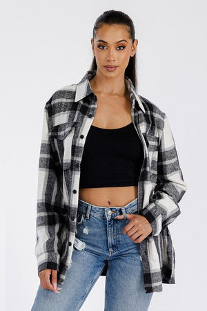 Boyfriend Oversized Soft Flannel Shacket WEIV WHITE BLACK S 