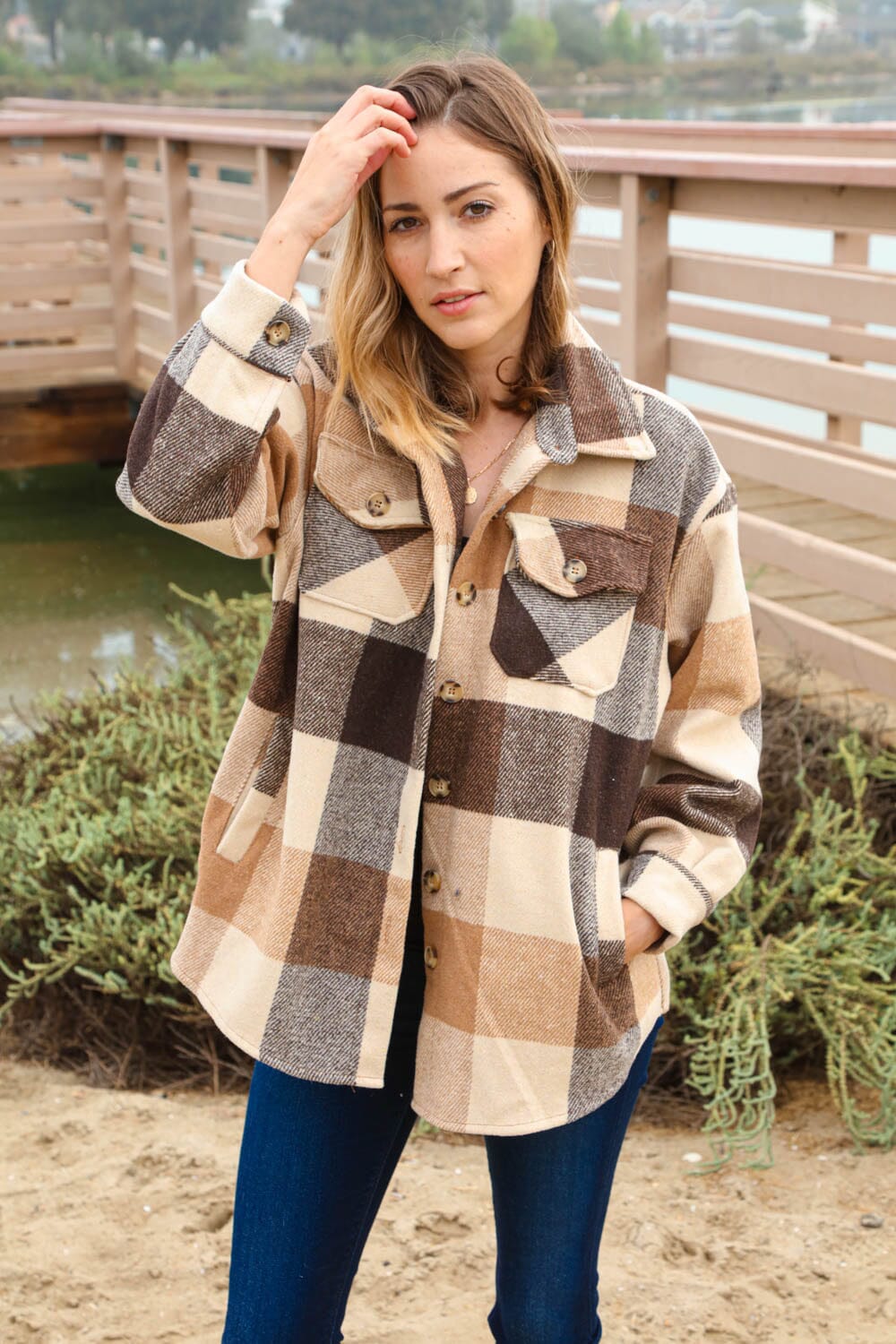 Brown & Black Plaid Jacket with Side Pockets AndTheWhy 
