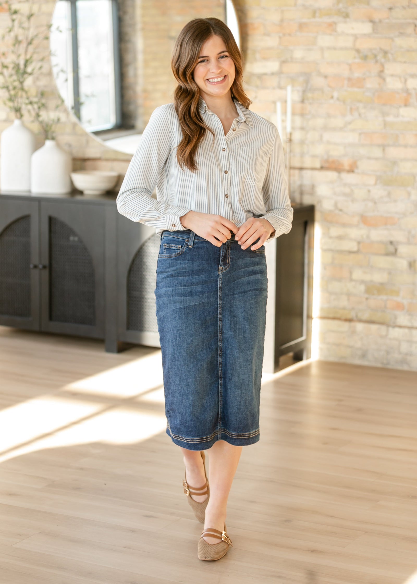 Bryn Dark Wash Denim Midi Skirt