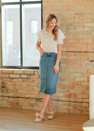 Bryn Light Wash Denim Midi Skirt