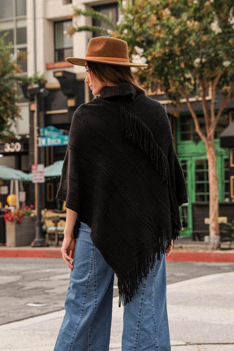 Button Neck Fringe Poncho Ponchos Black