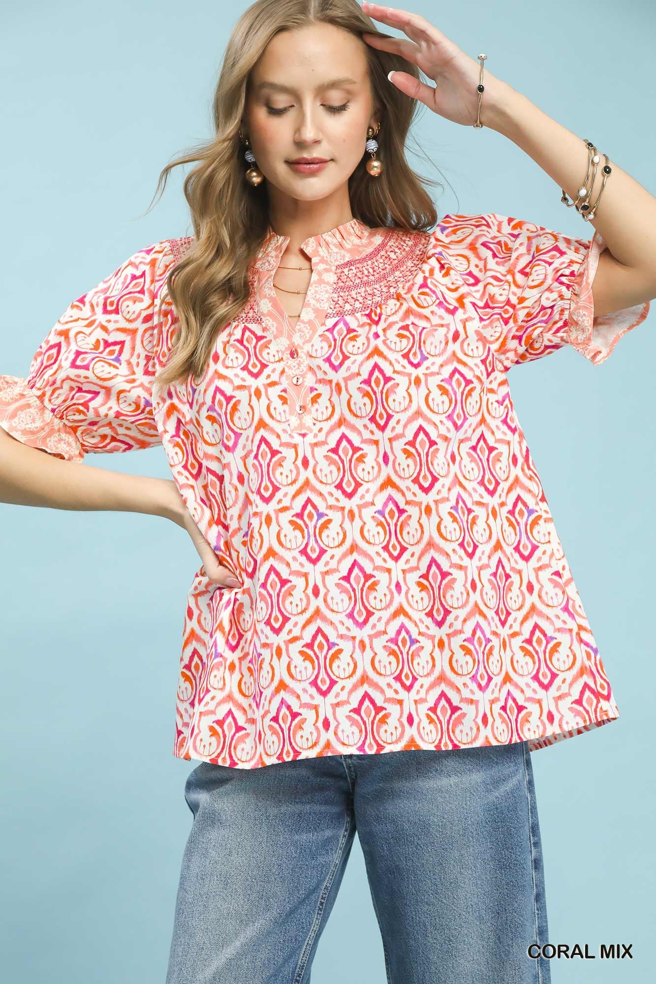 Mix Boho Puff Sleeve Smocked Top