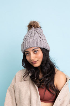 Cable Knit Beanie with Faux Fur Pom Beanies Leto Collection Gray 