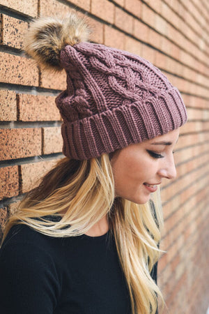 Cable Knit Beanie with Faux Fur Pom Beanies Leto Collection Mauve 