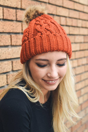 Cable Knit Beanie with Faux Fur Pom Beanies Leto Collection Rust 