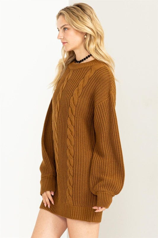 Cable-Knit Ribbed Mini Sweater Dress HYFVE PALE BROWN S 