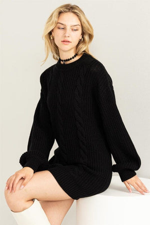 Cable-Knit Ribbed Mini Sweater Dress HYFVE BLACK S 