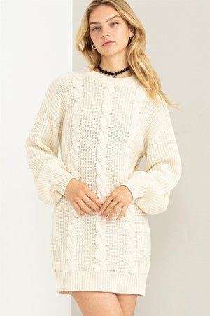Cable-Knit Ribbed Mini Sweater Dress HYFVE CREAM S 