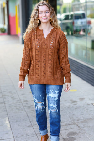 Can't Resist Rust Cable Knit Notched Neck Pullover Sweater Haptics 