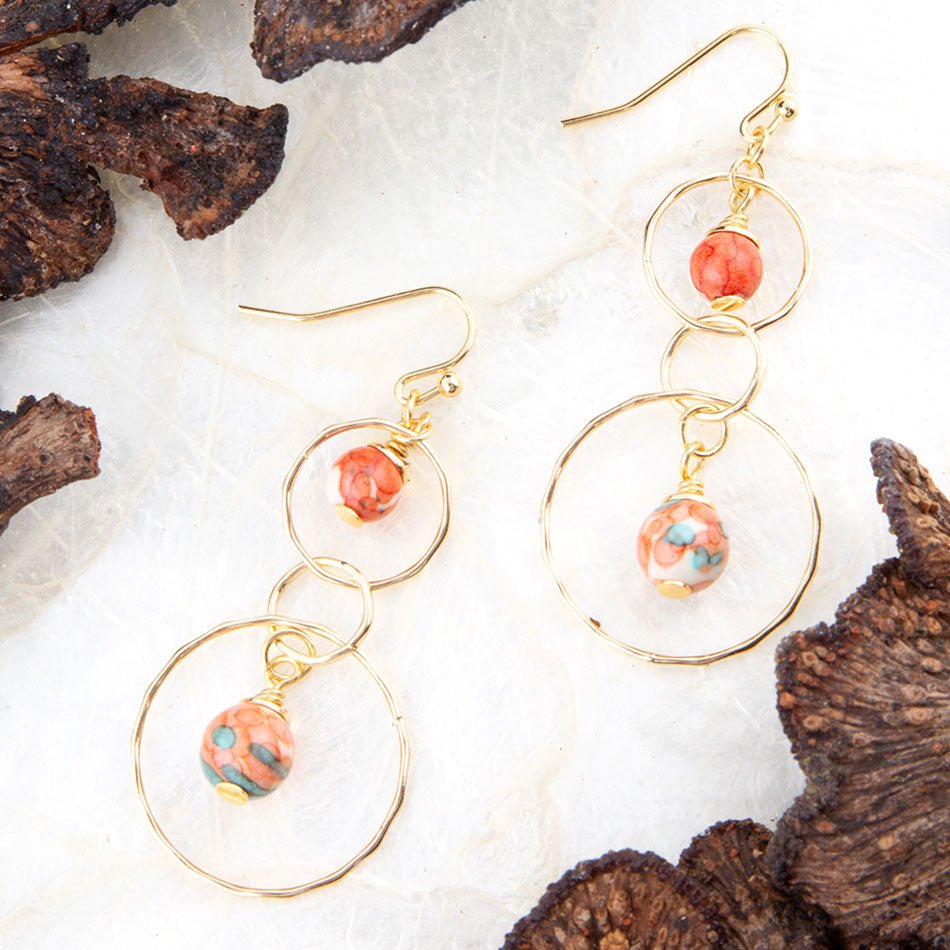 Canyon Red Magnesite Double Drop Golden Earrings
