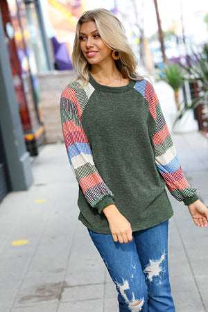 Carry On Forest Green Stripe Textured Knit Top Haptics 