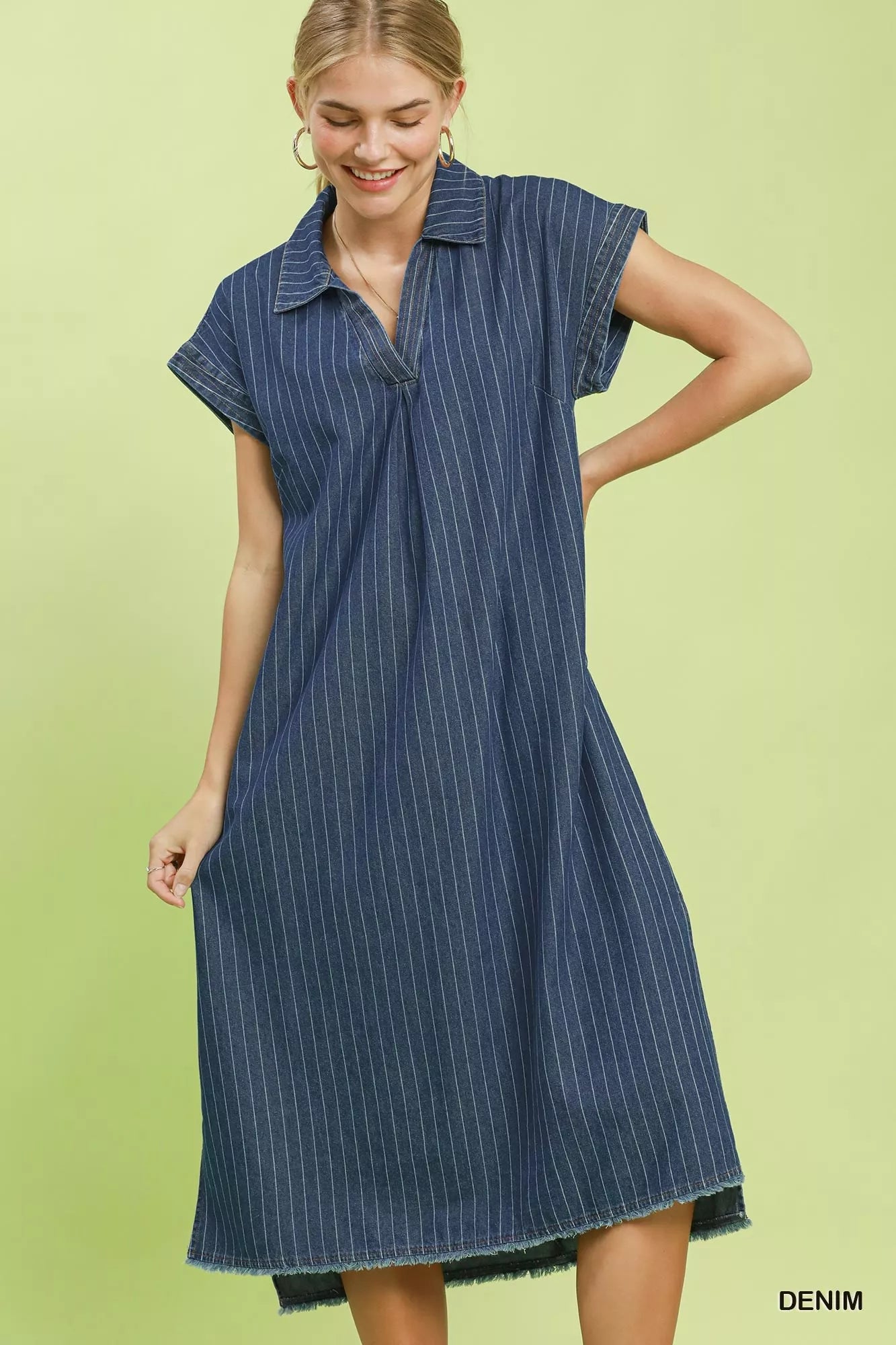 Pinstripe Denim Collared Midi Dress with Side Slits