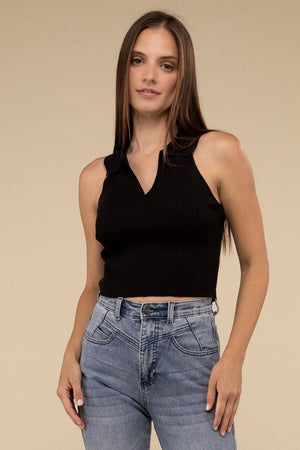 Sleeveless Collared Crop Knit Top