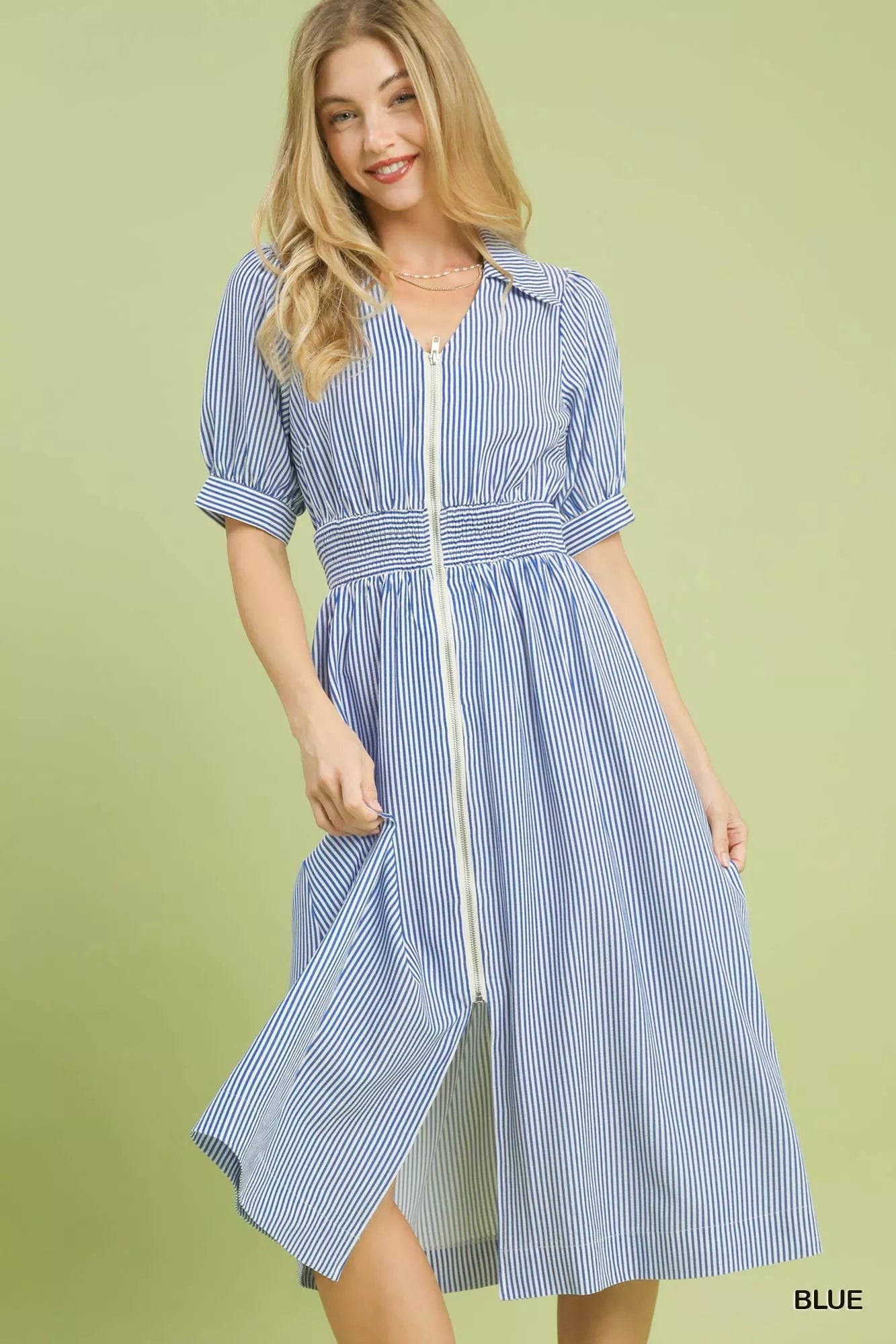 Striped Midi Dress with Front Zipper