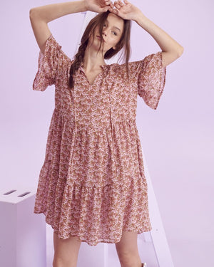 Floral Print V-Neck Mini Dress - Green, Pink