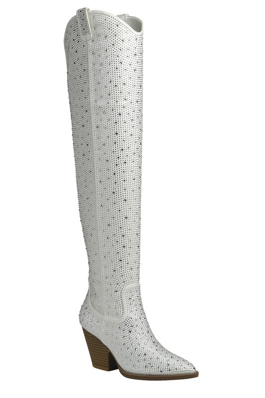 Over Knee Rhinestone Western Boots - White, Blue Denim