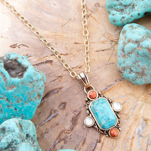 Champs Blue Turquoise and Orange Coral Golden Pendant Necklace