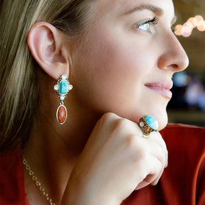 Champs Blue Turquoise and Orange Coral Post Drop Golden Earrings