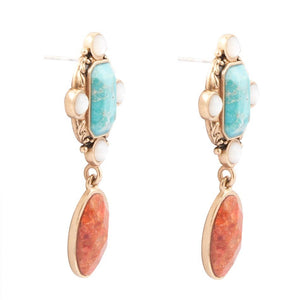 Champs Blue Turquoise and Orange Coral Post Drop Golden Earrings