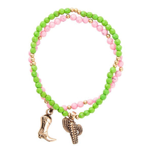 Charmed Cactus and Boot Pink Green Jade Bracelet Set