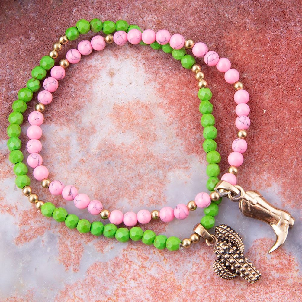 Charmed Cactus and Boot Pink Green Jade Bracelet Set