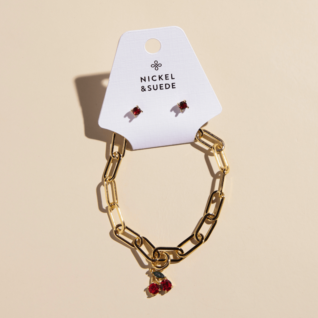Cherry Charm Bracelet & Stud Set