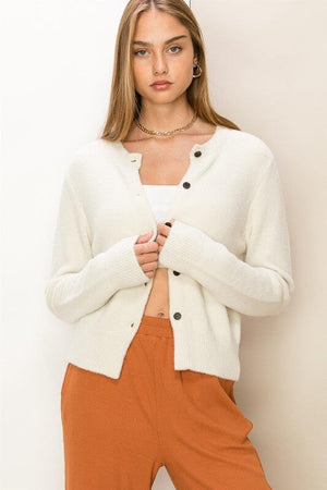Chic Button-Front Cardigan Sweater HYFVE CREAM S 