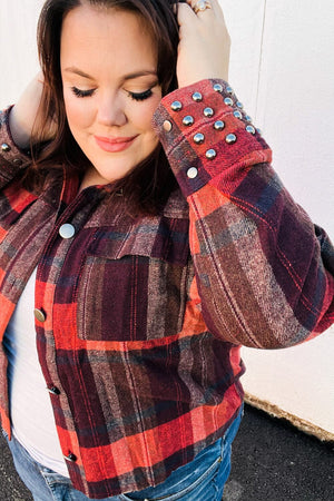 City Streets Burgundy & Rust Plaid Studded Cropped Jacket Bloom 2023 Winter Sale 