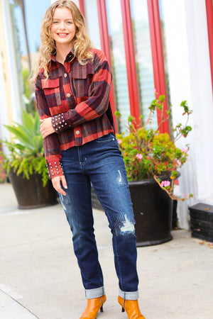 City Streets Burgundy & Rust Plaid Studded Cropped Jacket Bloom 2023 Winter Sale 