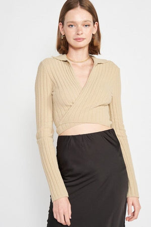 COLLARED LONG SLEEVE CROP TOP Emory Park NATURAL S 