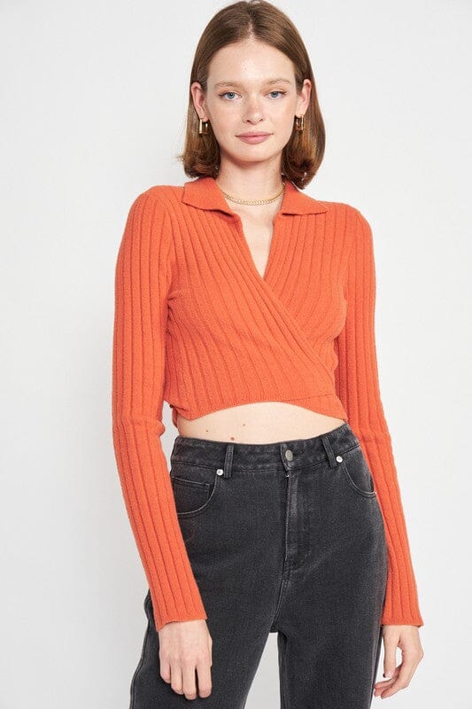 COLLARED LONG SLEEVE CROP TOP Emory Park RUST S 