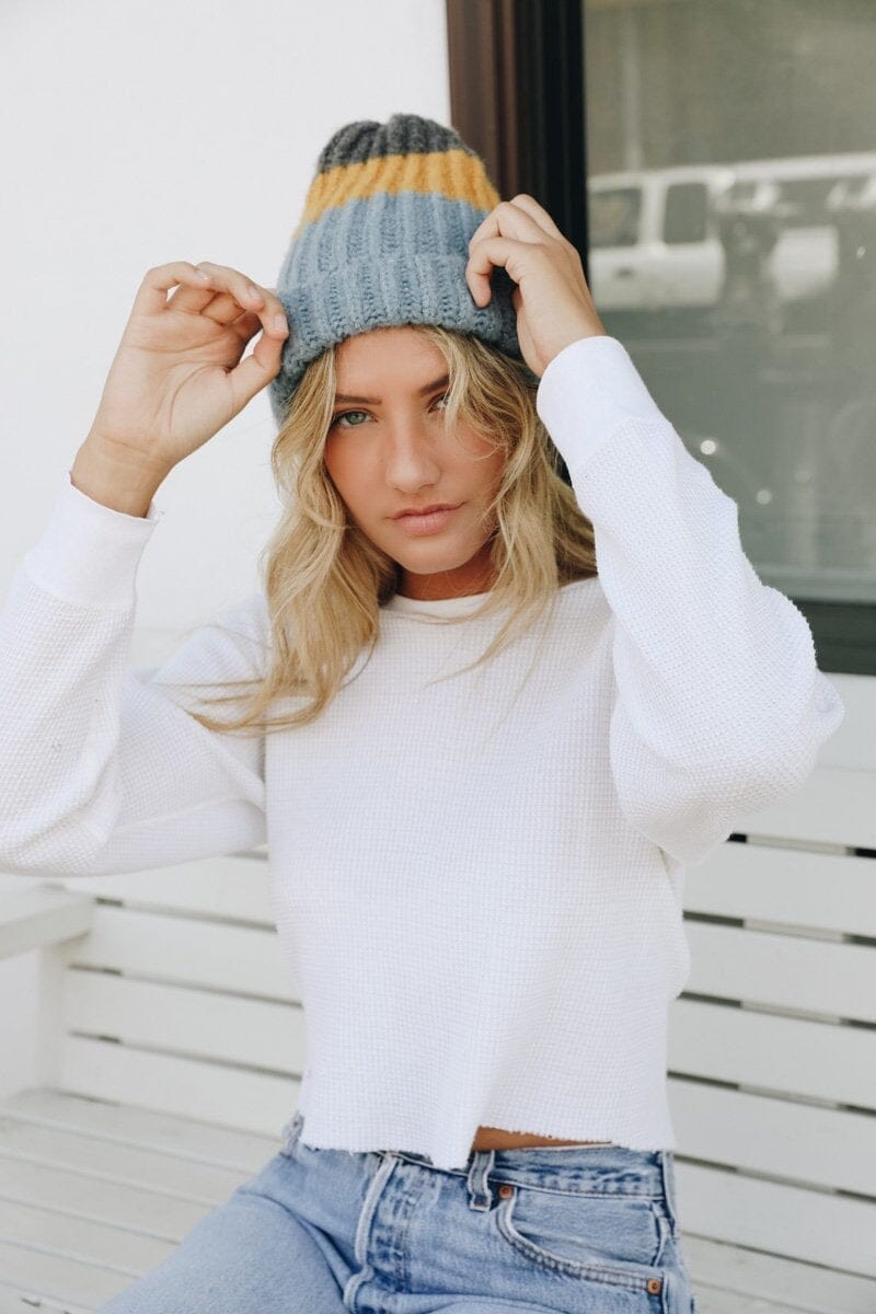 Color Block Knit Beanie Hats & Hair Leto Collection Blue Mustard 
