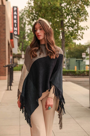 Color Block Tasseled Poncho Ponchos Leto Collection Navy/Teal 
