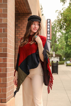 Color Block Tasseled Poncho Ponchos Leto Collection Red/Blue 