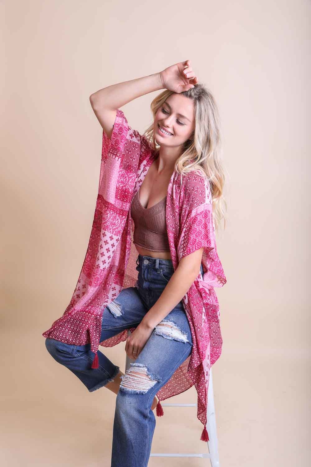 Color Graded Patchwork Kimono Ponchos Fuchsia