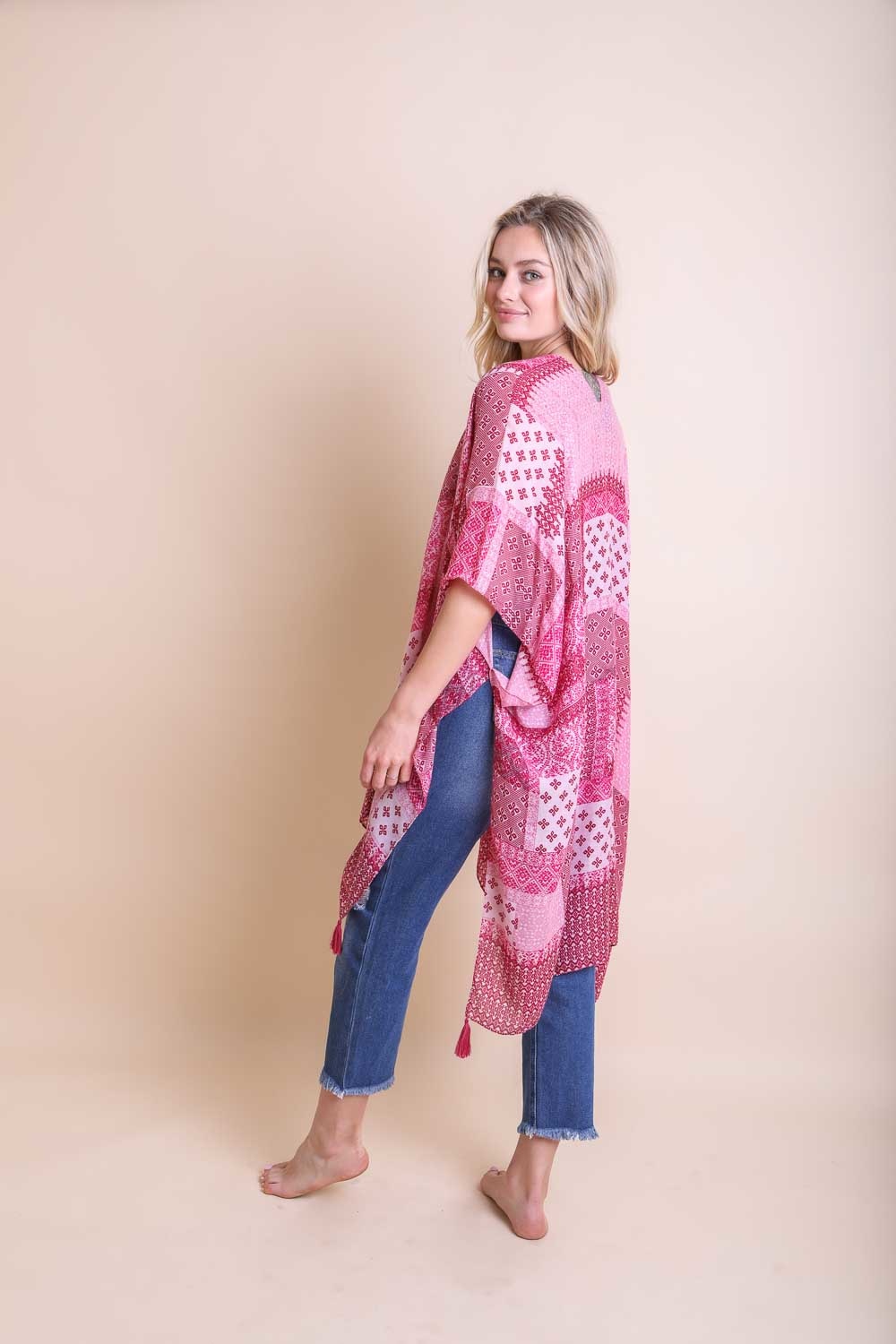 Color Graded Patchwork Kimono Ponchos Fuchsia