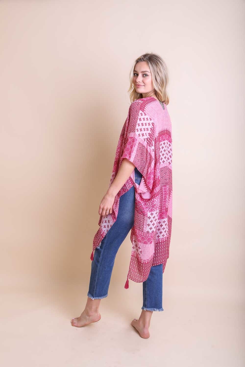 Color Graded Patchwork Kimono Ponchos Leto Collection Fuchsia 