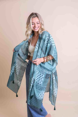 Color Graded Patchwork Kimono Ponchos Sage