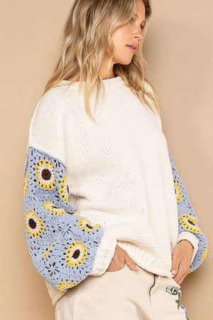 Contrast Square Pattern Sleeves Pullover Sweater POL 