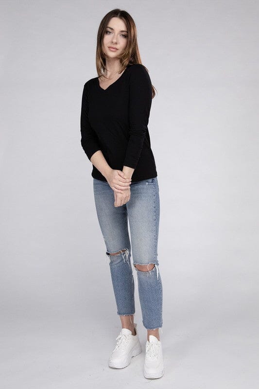 Cotton V-Neck Long Sleeve T-Shirt ZENANA BLACK S 