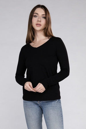 Cotton V-Neck Long Sleeve T-Shirt ZENANA BLACK S 