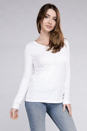 Cotton V-Neck Long Sleeve T-Shirt ZENANA WHITE S 